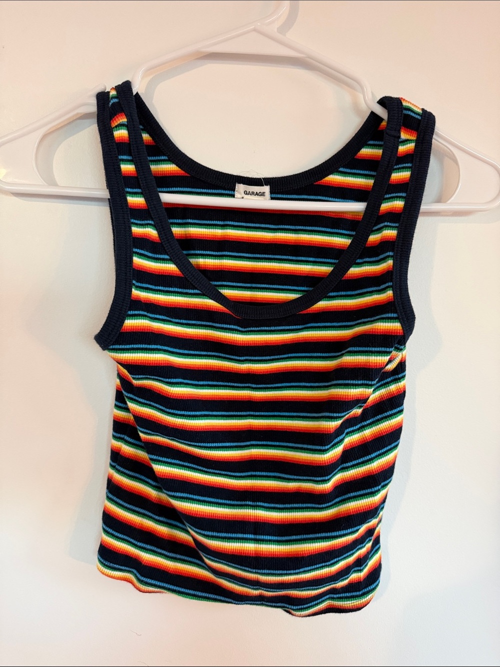 Garage Navy Ribbed Tank with Rainbow Stripes